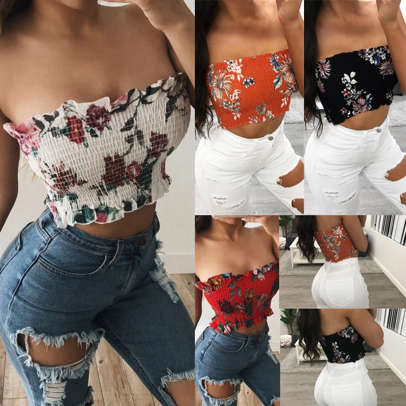 New Women Floral Print Seamless Bandeau Crop Tube Top Strapless Wrap Bustier Bra