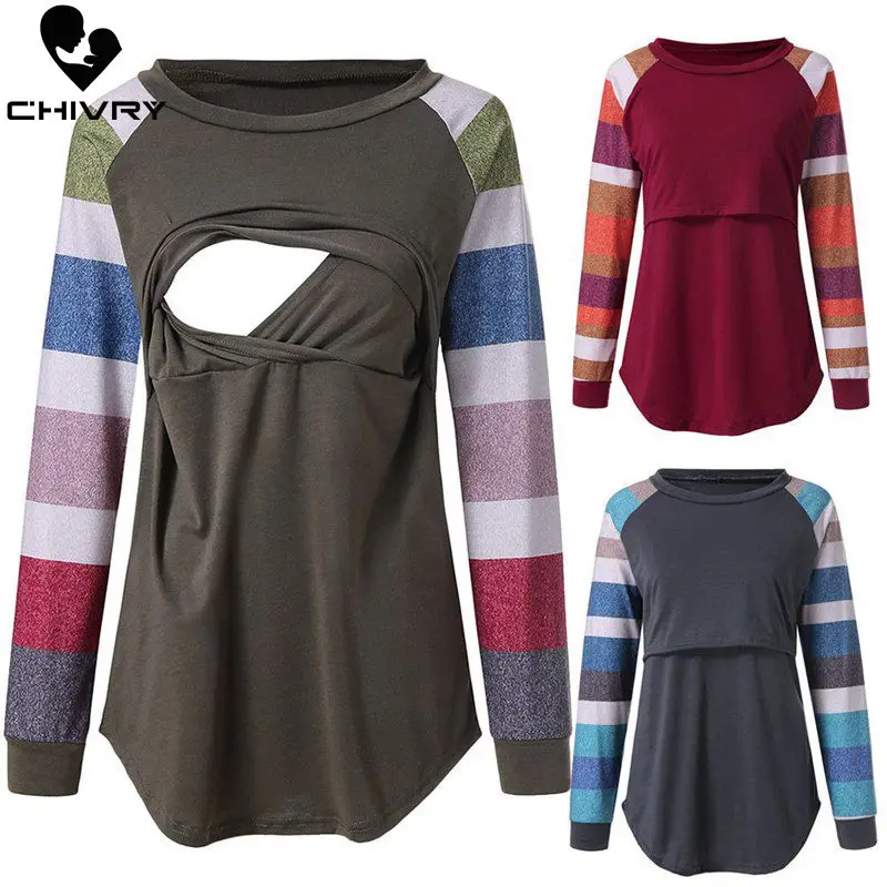 

Chivry Maternity Tops Breastfeeding Clothes Stripe Long Sleeve Pregnant Clothes Summer Women Nursing Tops Pregnancy T Shirt