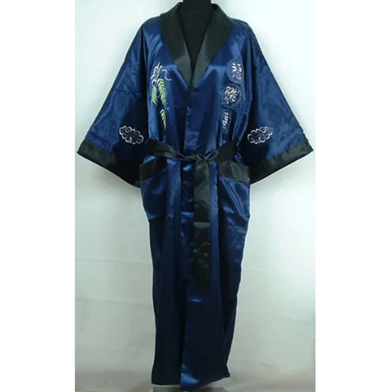 Реверсивный Черный/бордовый Мужской Атласный Шелковый кимоно платье Китайская традиционная вышивка бандаж для пижамы Халат Один размер 011011