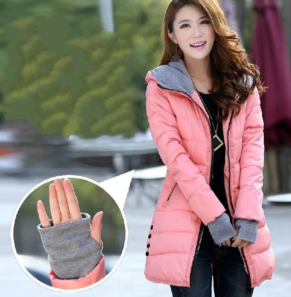 

2014 fashion women winter striped zipper jackets hooded full sleeve coats casual solid cotton gloves long slim Parkas E355