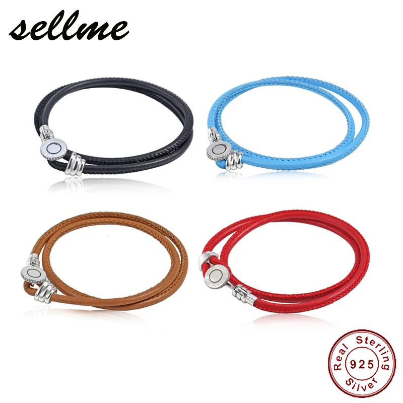 

925 Sterling Silver Multicolor Double Leather With Logo Button Clasp Pan Bracelet Bangle Fit Bead Charm Diy Jewelry