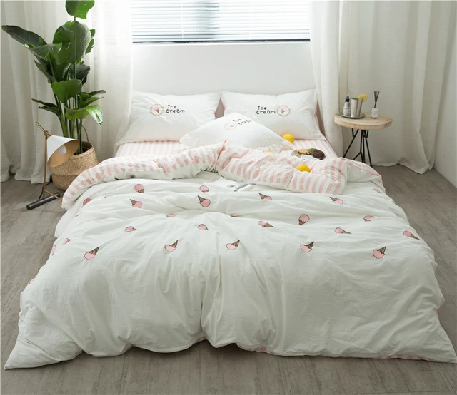 4pcs washed cotton simple fresh ice cream bedding set embroidery