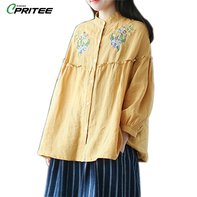 2018 Spring New Embroidery Long Sleeve Women's Shirt Loose Big Size Cardigan For Women Top Female Cotton Linen Blusa Feminina |