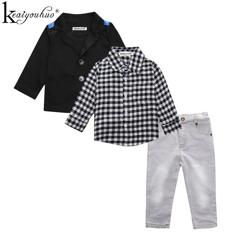 Keaiyouhuo الفتيان الملابس مجموعات كم طويل معطف + تي شيرت + جينز 3 قطع الاطفال الملابس مجموعات الشتاء الطفل ملابس عيد تتسابق الدعاوى