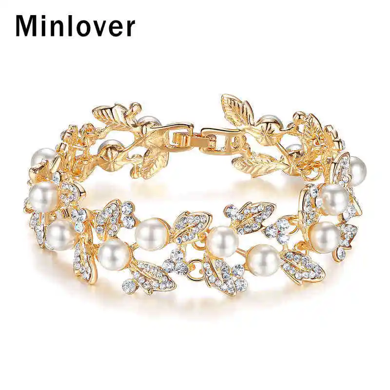 Minlover элегантный слоновой кости имитация жемчуга кристалл браслет для женщин Femme серебро/золото цвет страз в форме листика браслет SL089