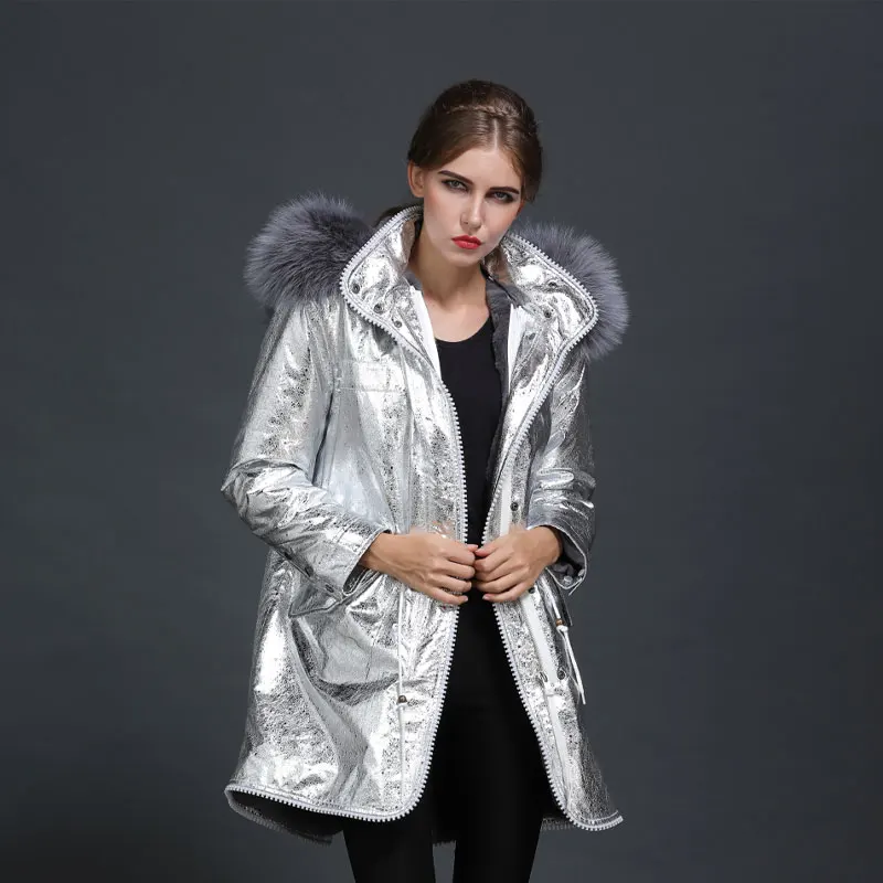 Sliver Leather Long Trench Coat Double Zipper Women Casual Winter