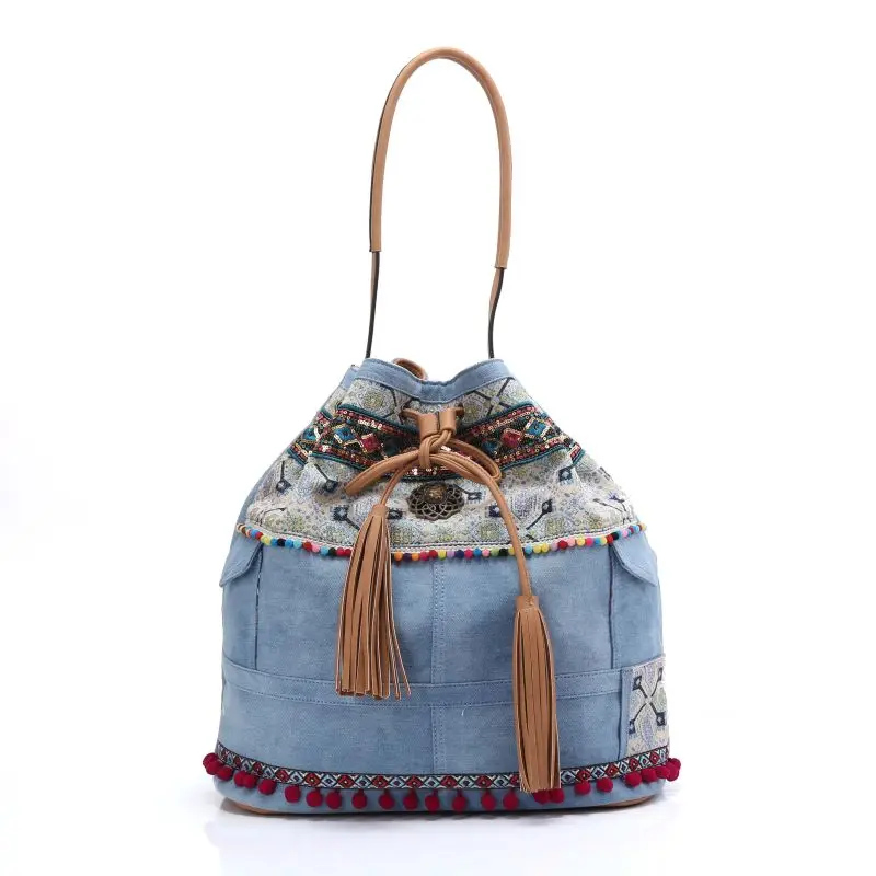 Womens handbag boho blue denim canvas bohemian hippies shoulder bag Womens handbag boho blue denim canvas bohemian hippies shoulder bag