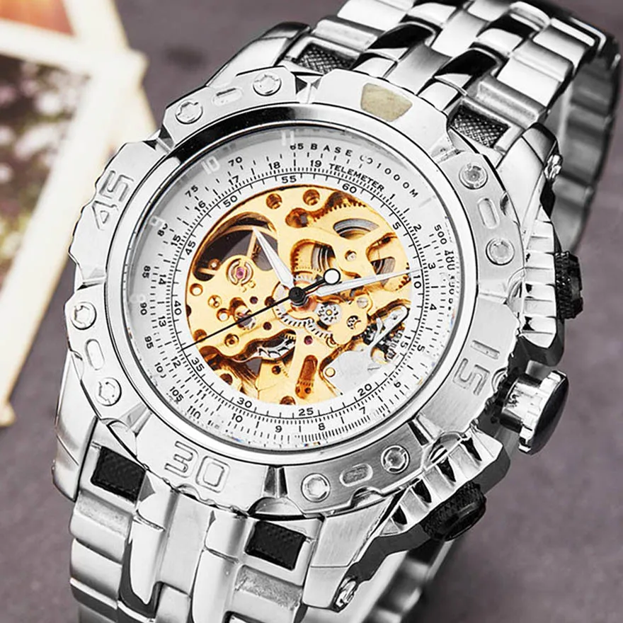 

Luxury Automatic Mechanical Watch Men Silver Gold Large Steel Skeleton Wristwatch Clock Over-sized Big Dial relogio masculino