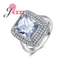 JEXXI Brand Luxury Big Square Cubic Zircon Crystal Jewelry 925 Sterling Silver Fashion Bridal Wedding Rings Accessory Charm Ring