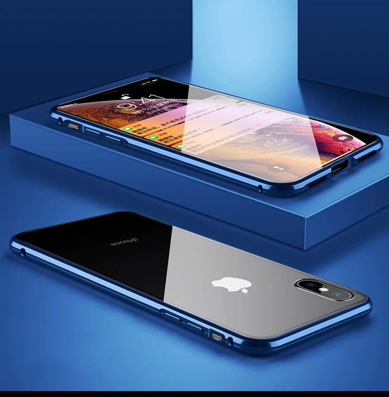 360 полный защитный стеклянный чехол для iPhone X XS MAX двухсторонний передний и задний закаленный стеклянный магнит Алюминиевый металлический чехол