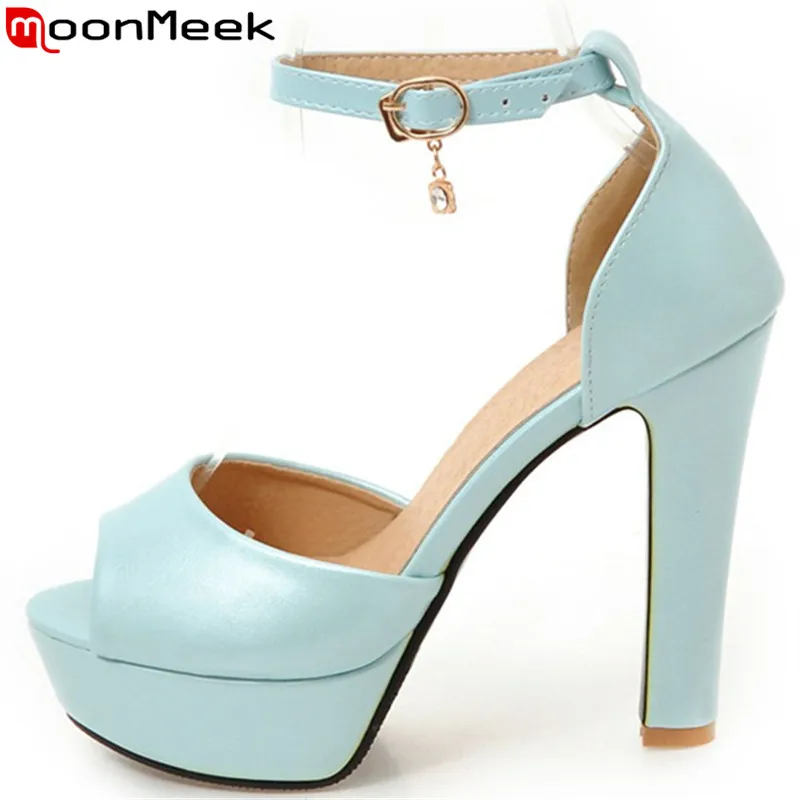 

MoonMeek 2017 new arrive women sandals fashion peep toe buckle solid colors summer high heels shoes elegant lady wedding shoes
