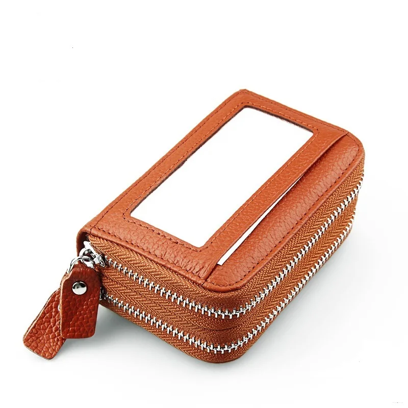 FSINNLV New Genuine Leather Unisex ID Card Wallet RFID Blocking Double Zipper Credit Business Holder Coin Purse HB68 | Багаж и сумки