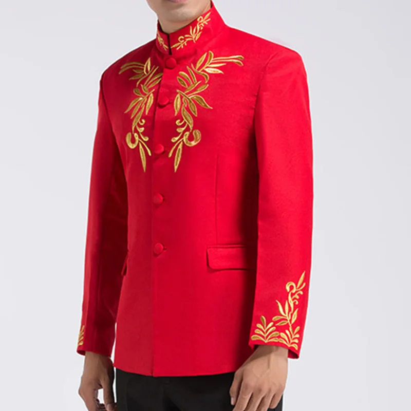 Китайский стиль вышивка узоры мужской s костюм со стоячим воротником куртка Тан Туника жакетка Мужская Свадебная куртка пальто с вышивкой