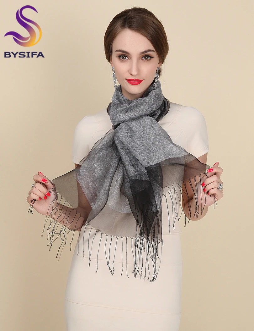 New Elegant Organza Silk Scarf Shawl Fashion 100% Mulberry Silk Silver Grey Female Long Scarves Autumn Winter Ladies Tassel Cape - Image 2
