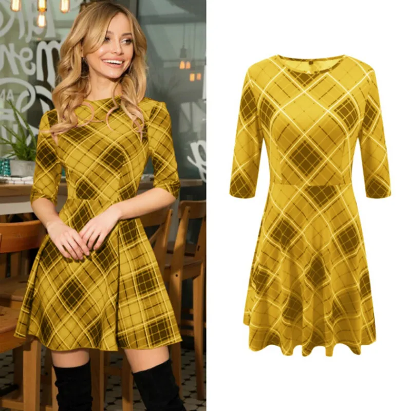 Цвет: желтый Popular Casual Style Half Sleeve Elegant Women Dress Printed Pleated Midi Dress Vestidos Evening Party Wear Hot Sale - Цвет: Цвет: желтый