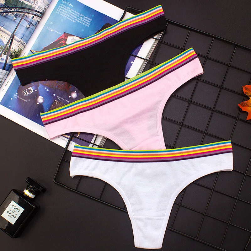 

2019 new women's underwear sexy cotton sports wind rainbow wide waist low waist no trace women's underwear thong