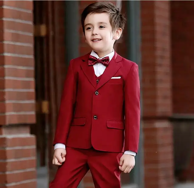 Boy Red Blazers Suits for Wedding Coat+Shirt+Bow Tie+Pants+Vest 5Pcs