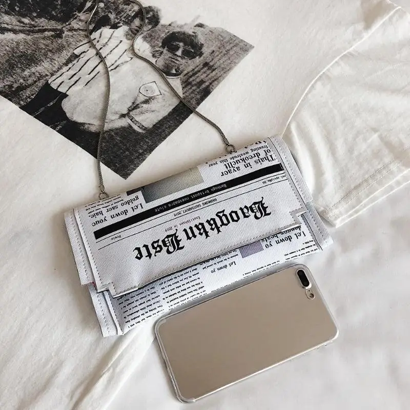 Женская дизайнерская сумка-мессенджер с принтом в виде газет, Повседневная Сумка-конверт с клапаном, дневной клатч, кошелек на цепочке, сумка на плечо, сумка из искусственной кожи