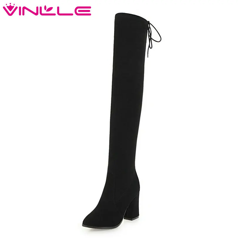 

VINLLE 2019 Women Shoes Over The Knee Boots Hoof High Heel Pointed Toe Zipper+Lace Up Black Ladies Motorcycle Shoes Size 34-43