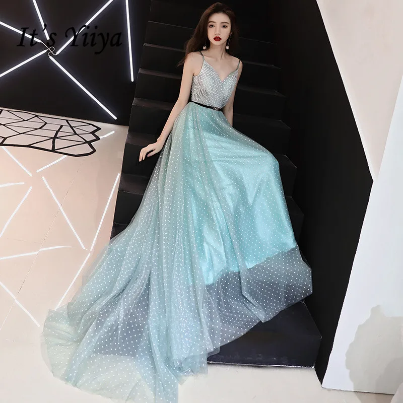 

It's YiiYa Evening Dress Light Green Dot Print V-neck Formal Dresses Spaghetti Strap Elengant Lace Up Long Party Gowns E304