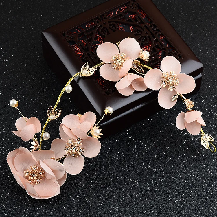 Goedkoop Roze bloem lange stijl tiara novia bruid haar ornament mooie roze hoofdtooi adornos de noiva bruid haar accessoires
