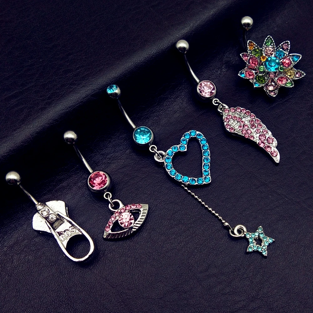 5pcs Mix Style Flower Heart Star Feather Zipperevil Eyes Dangle Navel