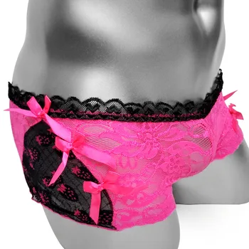 

Sheer Lace Sissy Boxer Panties With Bow Ruffles See Through Wetlook Sexy Gay Men Lingerie Cute Fashion Low Rise Mens Underwear