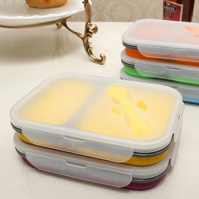 

900ML 2 Cells Silicone Collapsible Portable Lunch Box Large Capacity Bowl Lunch Bento Box Folding Lunchbox Eco-Friendly