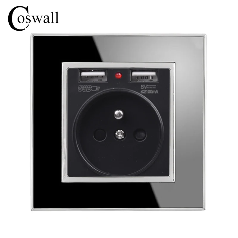 Coswall черный двойной зарядка через usb Порты и разъёмы 5V 2.1A стены Зарядное устройство адаптер со светодиодным индикатором 16A французский Мощность розетки акриловые с украшением в виде кристаллов Панель