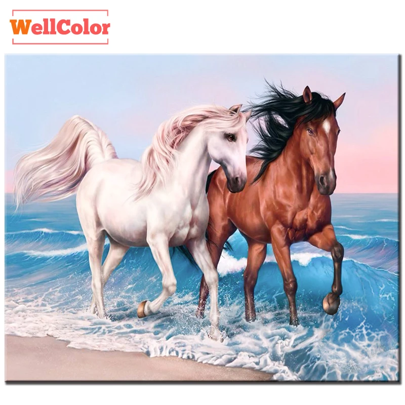 WELLCOLOR sea two horse Diamond Mosaic Time-limited Crafts Diy diamond painting handcraft round full diamond pasted embroidery (1)