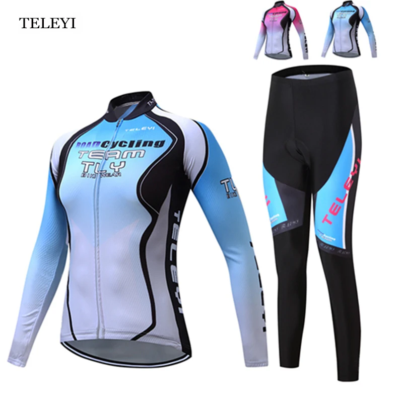 

TELEYI Pro Team Women Cycling Jersey Ropa Ciclismo Suit Bicycle Girls Jersey Set Bike Long Sleeve Jacket Bib Pants Blue/Pink