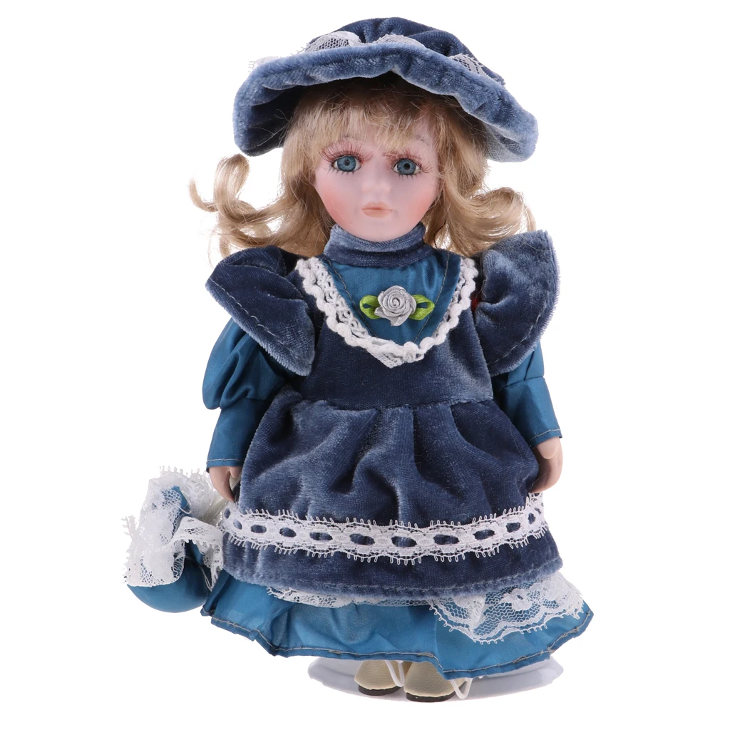

20cm Porcelain Doll Victorian Lady in Blue Dress Gown People Figure Vintage Dollhouse Miniature