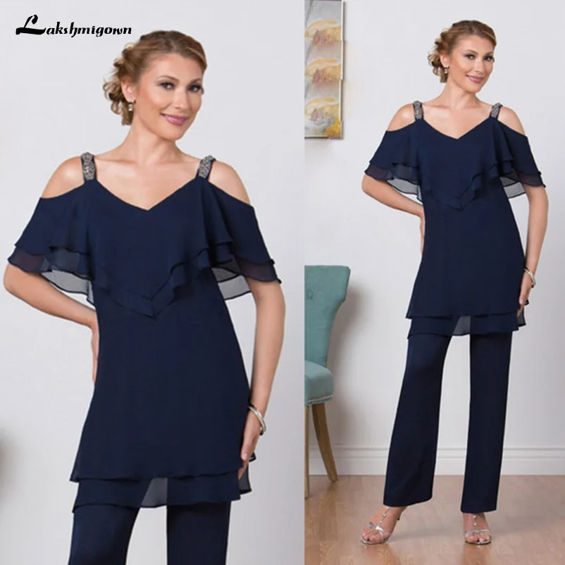 

2018 Elegant Navy Blue Mother Of The Bride Dresses Chiffon Pants Suit Beads Straps Custom Make Ruffle vestido madrinha 2 Pieces