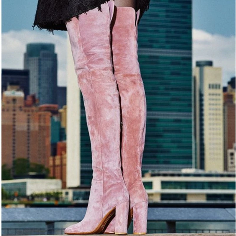 thigh high pink suede boots