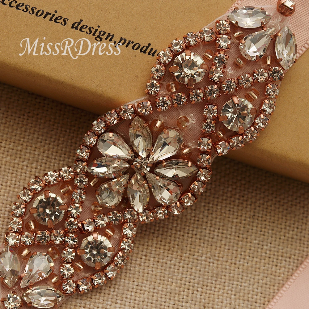 MissRDress Hand Beaded Bridal Belt Rhinestones Bridal Sash Rose Gold Crystal Wedding Sash Belt For Wedding Party Gown JK853