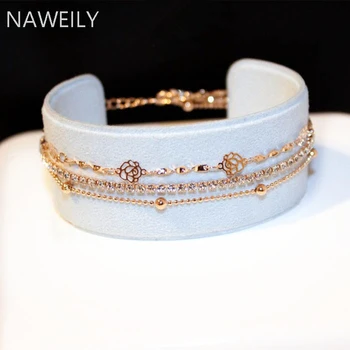 

Elegant Camellia Crystal Beads Bracelet For Women Wedding Party Jewelry Female Multi-layer Gold Chain Bracelets & Bangles