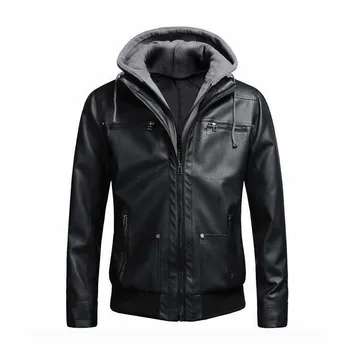 

Hat Detachable Men Leather Jacket Hooded Stand Collar Slim Pu Leather Coats Motorcycle Biker Suede Jackets Black Winter Warm 6XL