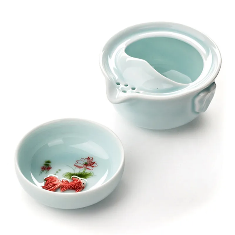 Высокое качество Элегантный gaiwan, Celadon 3D Карп чайный набор кунг-фу включает в себя 1 чайник 1 чайная чашка, красивый и легкий чайник