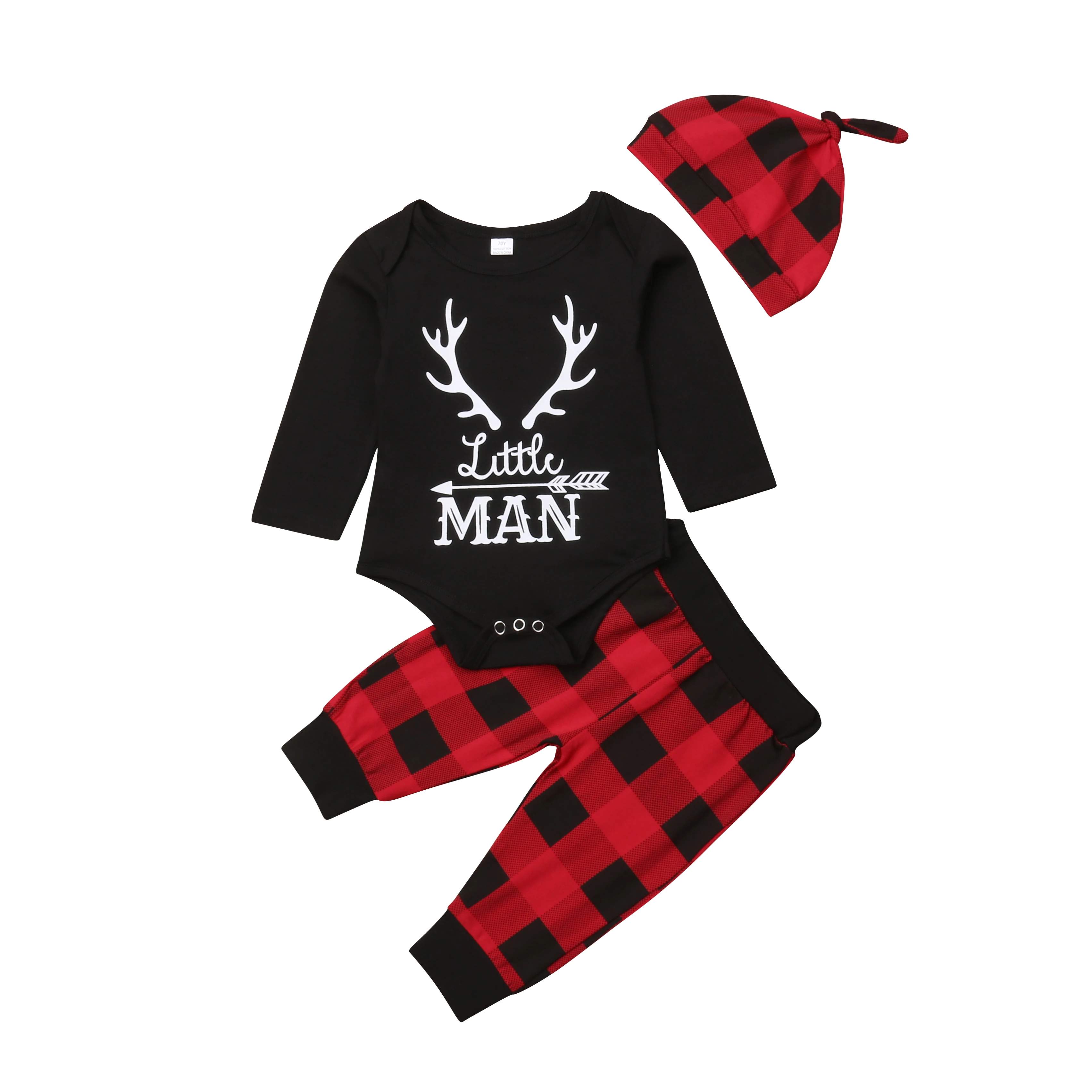 Комплект из 3 предметов для новорожденных мальчиков; Рождественская одежда; комбинезон с длинными рукавами; клетчатые штаны; комплект