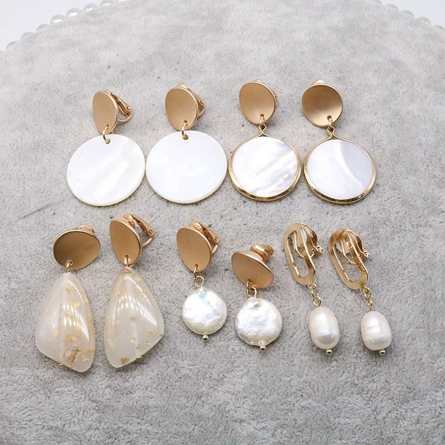 Shell Pearls Geometric Clip Earrings