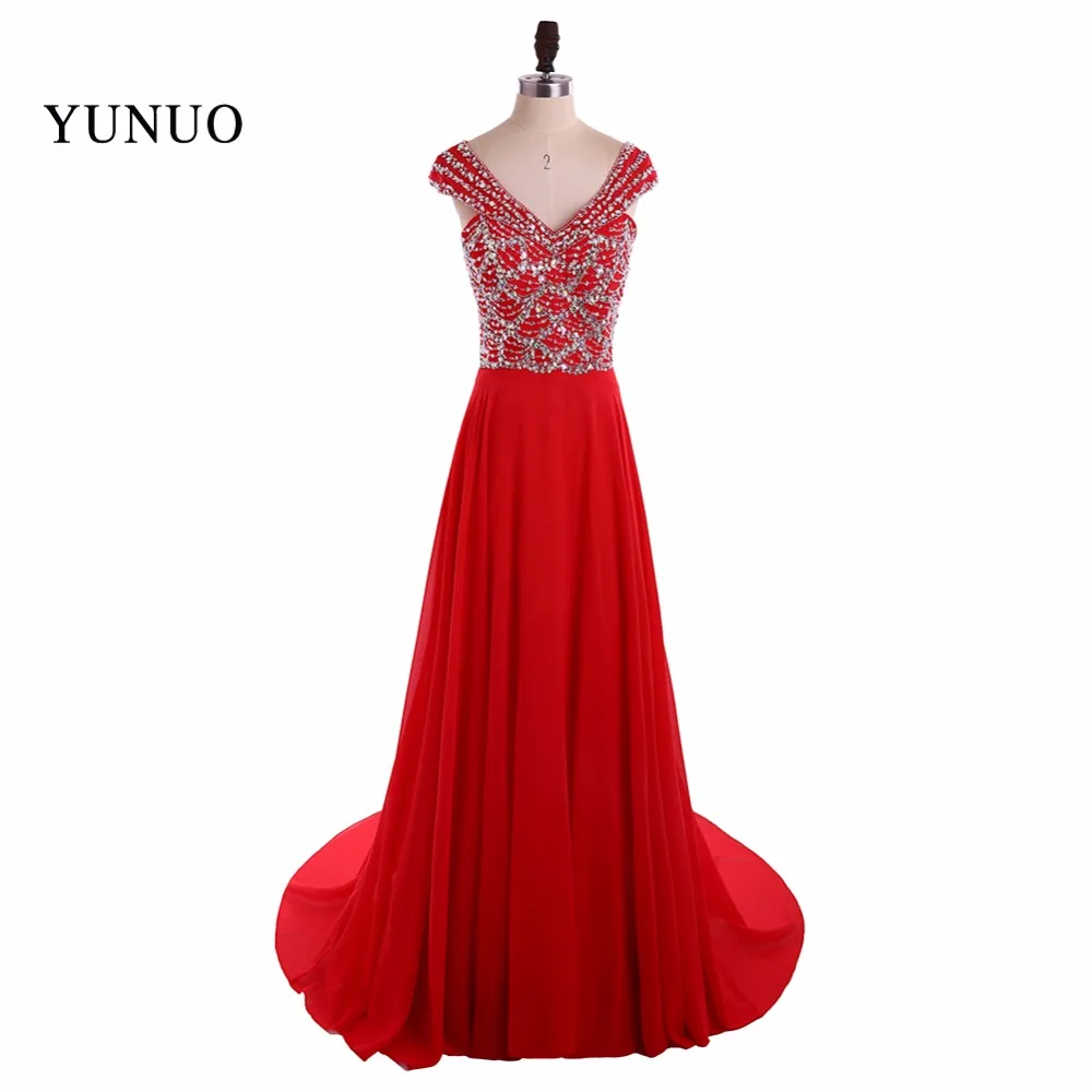 

Real Sample Chiffon Red A Line V Neck Long Evening Dresses 2019 Beading Sequined Cap Sleeves Floor Length Evening Dress YN80205