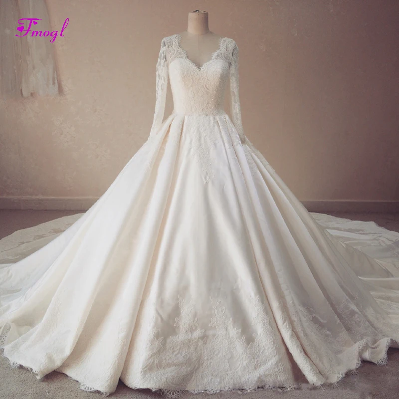 Fmogl Vestido de Noiva аппликации Часовня Поезд А-силуэт свадебное платье 2019 Изящные кружева с длинным рукавом Винтаж свадебное платье плюс размер