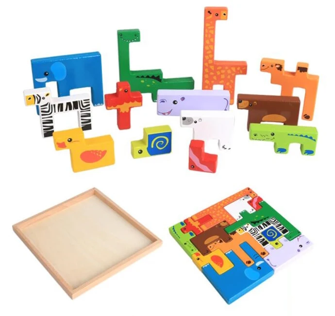 Детские творческие строительные блоки животных деревянные в коробке 3D тетрис обучающие игрушки для детей