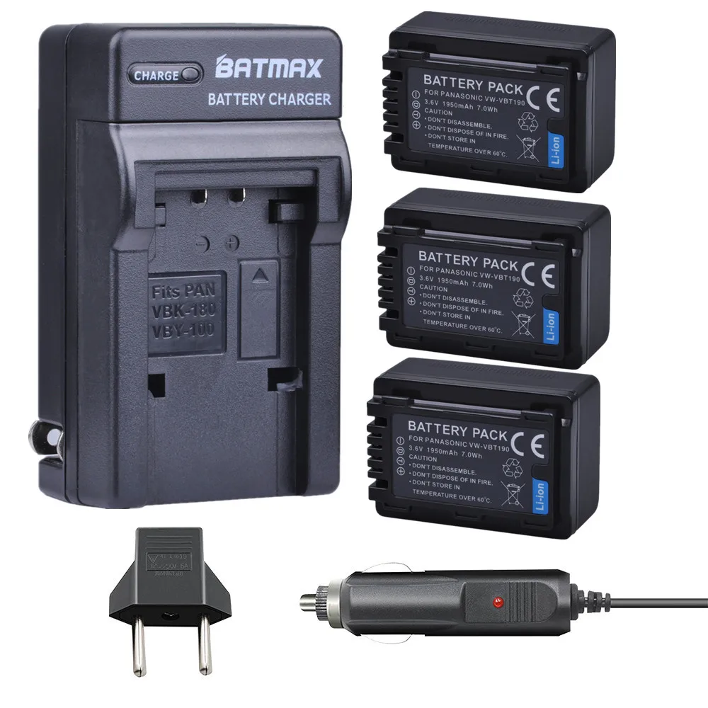 3Pcs 1950Mah Vw-Vbt190 Vbt190 Batteria + Caricabatterie Per Panasonic Hc-V800Gk/808Gk, Hc-V110, Hc-V130, Hc-V160, Hc-V180, Hc-V201, Hc-V210,