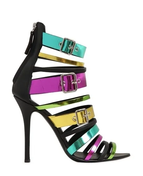 

Colorful Narrow band metal buckle decorated mixed color high thin heel back zipper Gladiator sandals for woman in summer
