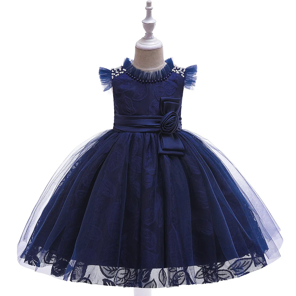 Стиль, гофрированное платье с круглым вырезом, темно-синие Дешевые Платья с цветочным узором для девочек г., бальное платье принцессы, вечерние платья для маленьких девочек