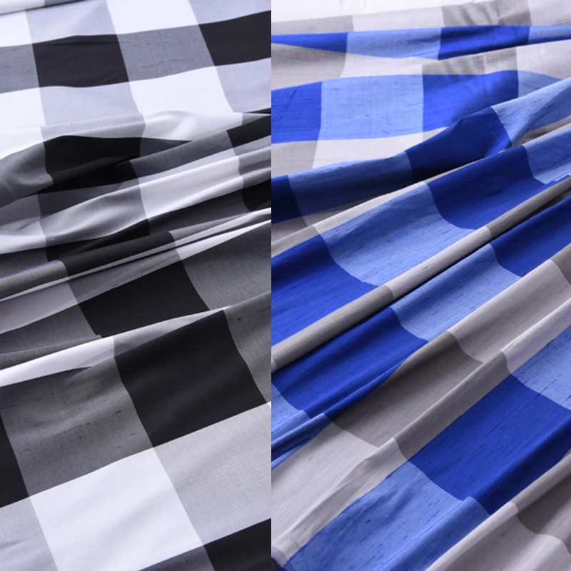 

114CM Wide Yarn Dyed Blue Black Checks Doupion Silk Fabric for Summer Spring Suit Dress Jacket H513