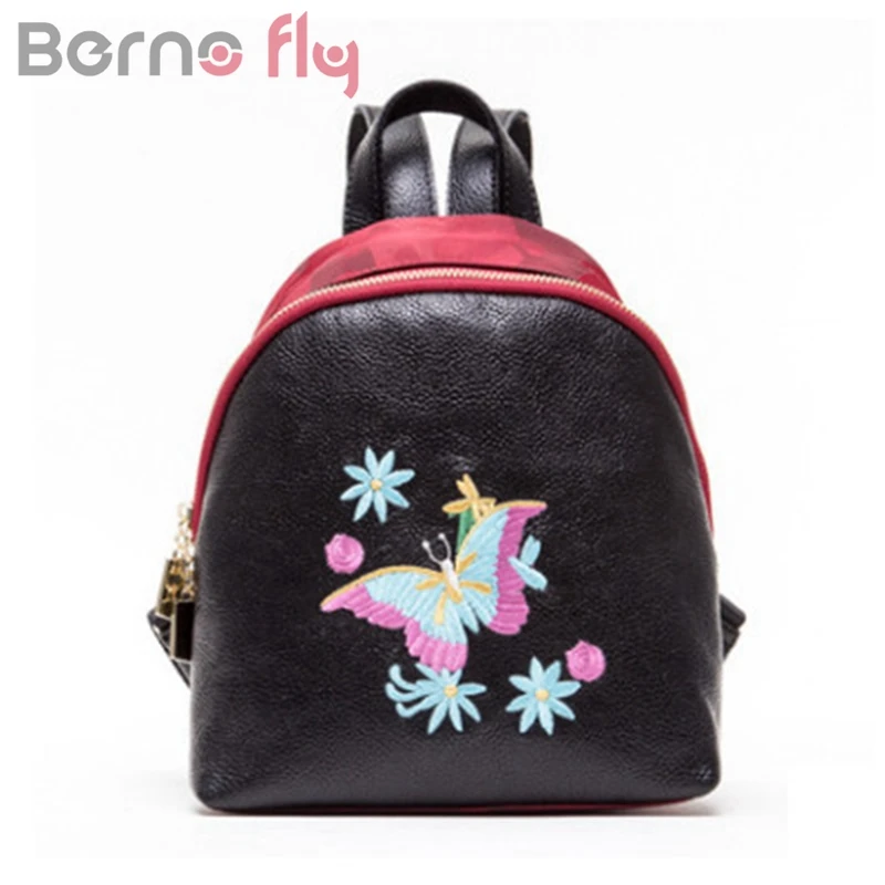 Berno fly Genuine leather Oxford women backpack Butterfly Embroidery