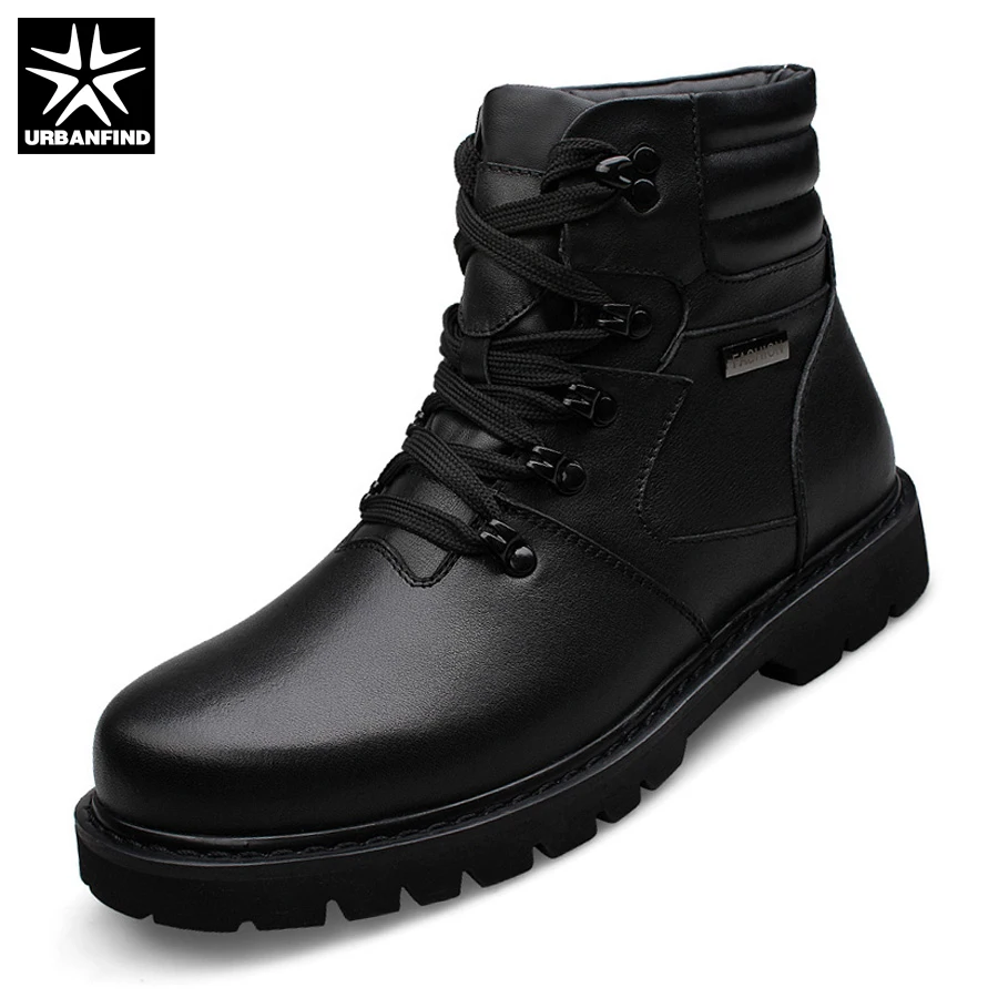 

URBANFIND Winter Warm Men Leather Boots Motorcycle Boots Big Size 39-48 High Quality Man Genuine Leather Shoes With Fur Lining