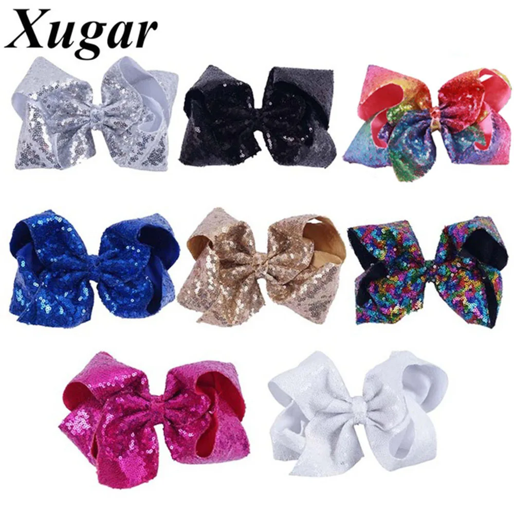 Цена 8 дюймов Большой бантики для волос с пайетками заколки для девочек ручной работы Радуга Танцевальная вечеринка Дети Бутик аксессуары волос ...